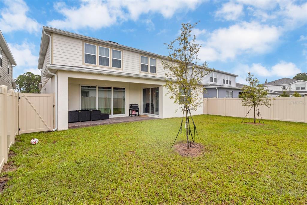 The backyard of a two-story house features a covered patio, vinyl fencing, and young trees — 5674 ARBORVISTA DRIVE, ST CLOUD, FL