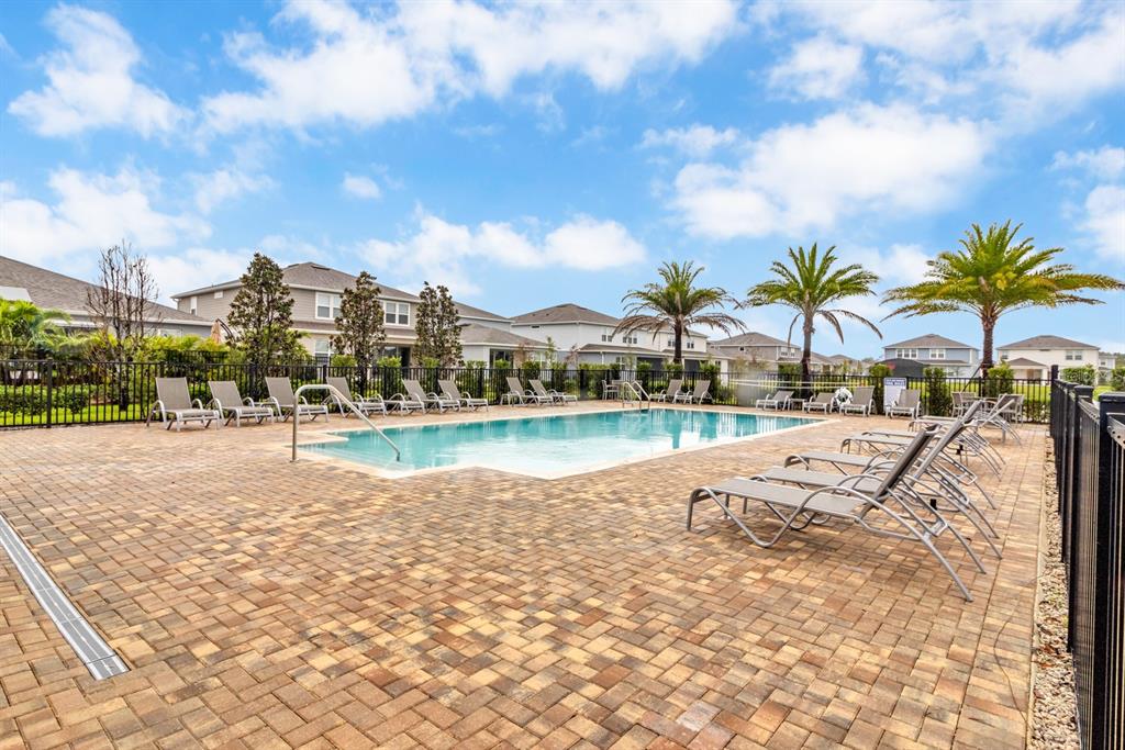 A rectangular swimming pool is surrounded by a paved deck with lounge chairs and palm trees — 5674 ARBORVISTA DRIVE, ST CLOUD, FL