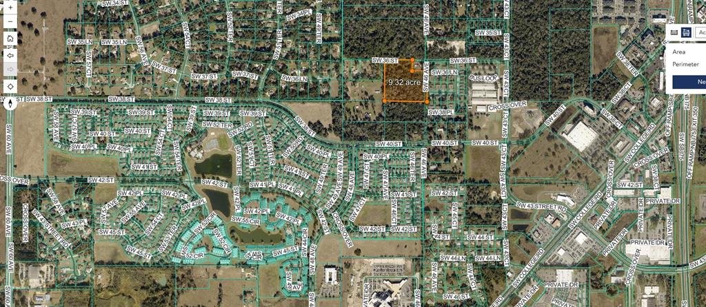 An aerial map shows a 9.32-acre rectangular parcel of land highlighted in an orange outline — 4700 SW 36TH STREET, OCALA, FL