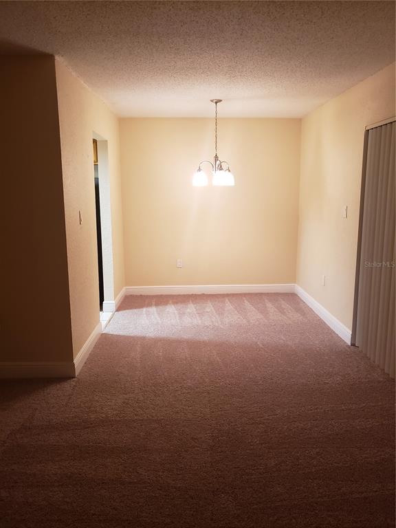 A dining area features beige walls, tan carpeting, and a three-light chandelier — 4801 S TEXAS AVENUE UNIT 4801D, ORLANDO, FL