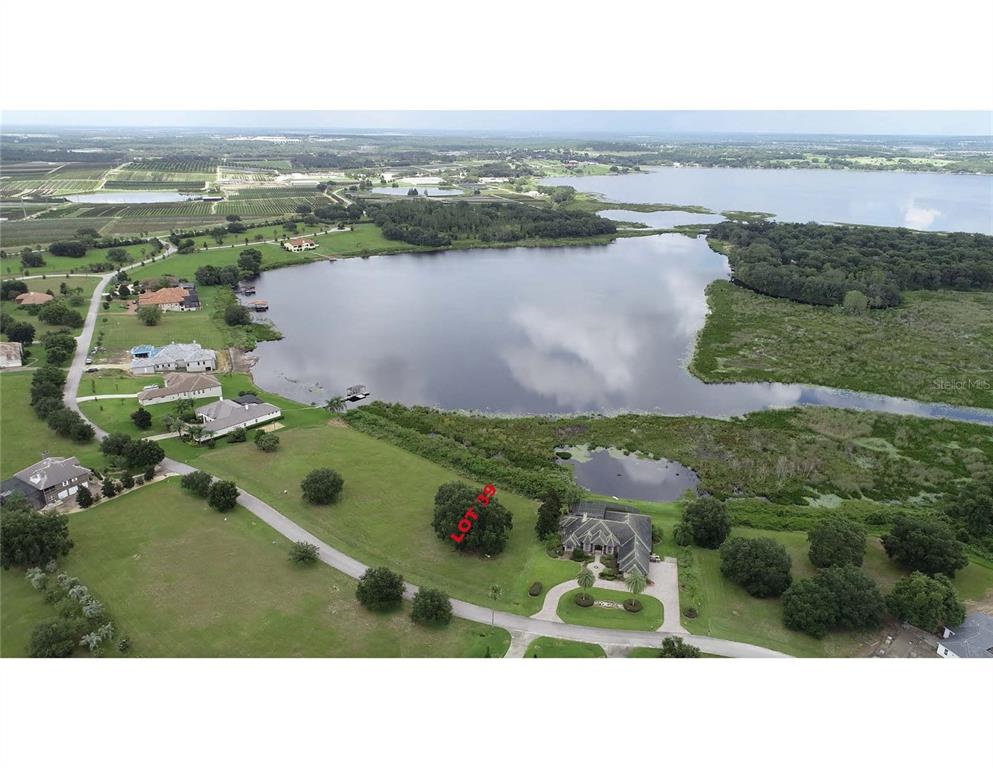 An aerial view shows a residential lot next to a lake and a large house — Lot 39 ROYAL PALM DRIVE, GROVELAND, FL