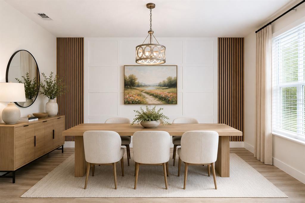 A dining room features a wooden table, upholstered chairs, wall paneling, and vertical wood slats — 12928 KINGS LAKE DRIVE, GIBSONTON, FL