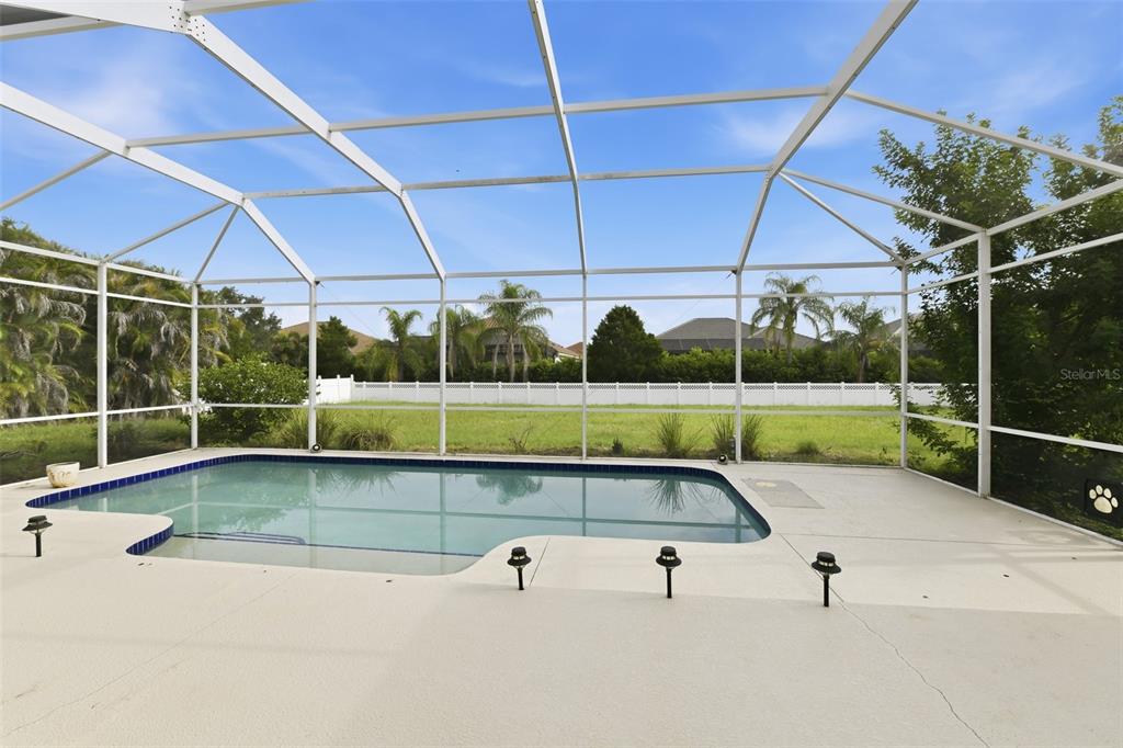 A swimming pool sits inside a screened-in lanai overlooking a grassy backyard — 16323 UPPER MANATEE RIVER ROAD, BRADENTON, FL