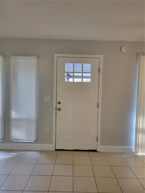 A white front door with a window sits between two windows in a tiled room — 807 MCLAIN COURT, TAVARES, FL