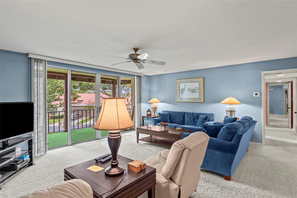 A living room features blue walls, a blue sectional sofa, and a sliding glass door — 3035 COUNTRYSIDE BOULEVARD UNIT 24B, CLEARWATER, FL