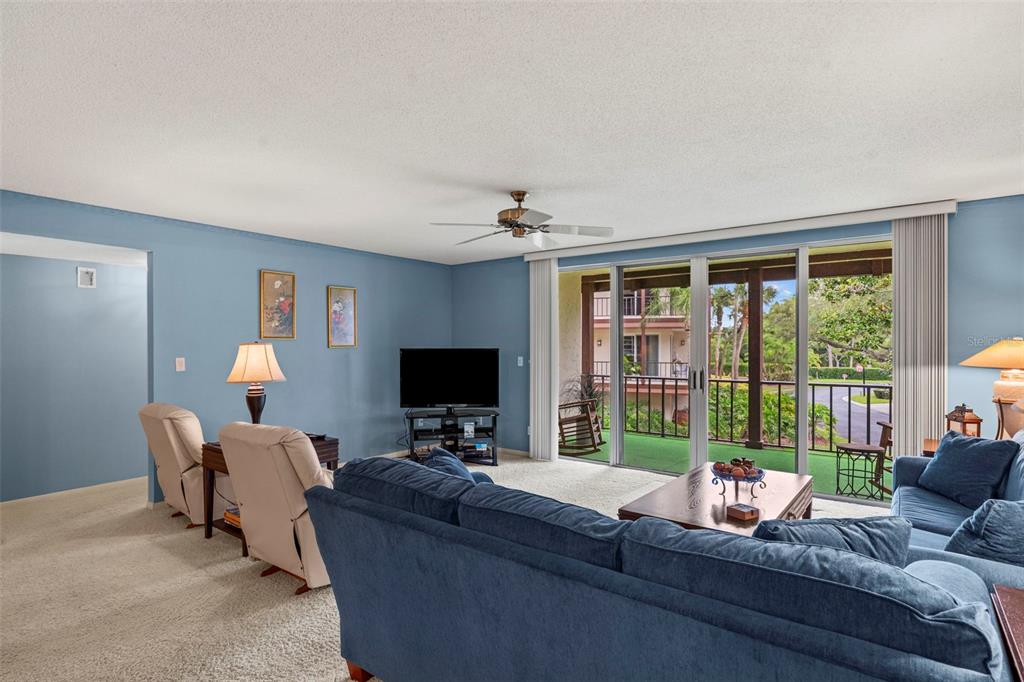 A living room with blue walls, beige carpet, a blue sofa, and a sliding glass door — 3035 COUNTRYSIDE BOULEVARD UNIT 24B, CLEARWATER, FL