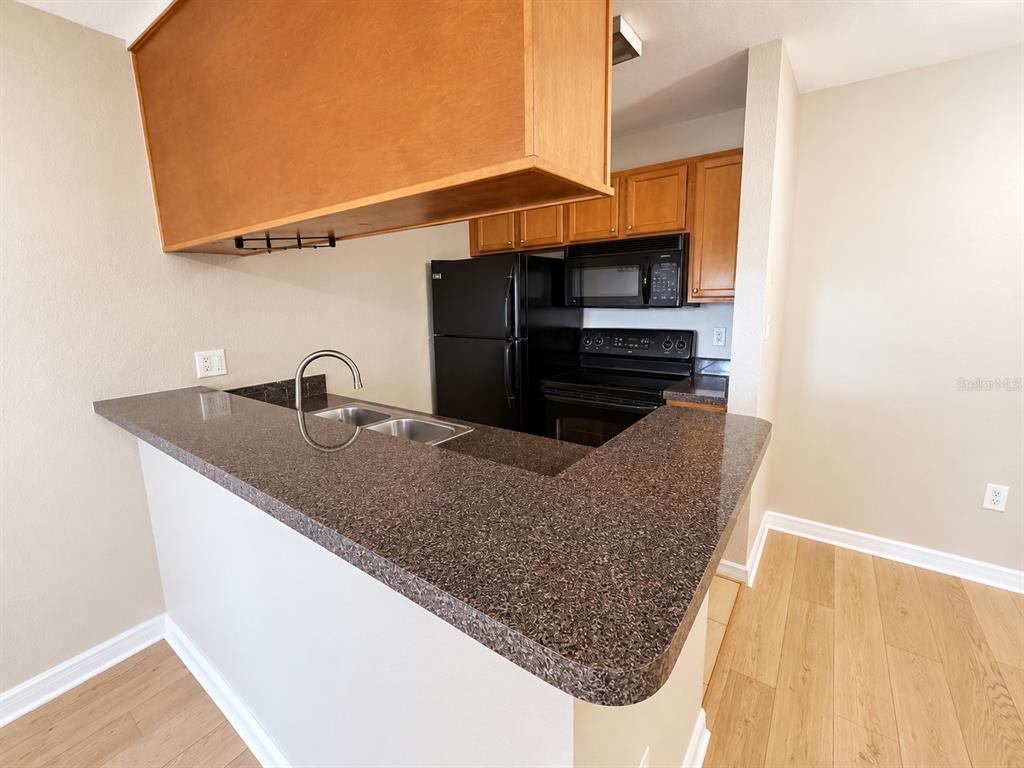 A kitchen features dark granite countertops, black appliances, and light wood-look flooring — 203 LAKE PARSONS GREEN UNIT 108, BRANDON, FL