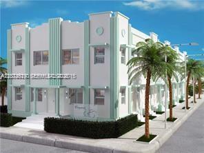 A digital architectural rendering of a two-story Art Deco style building with palm trees — 700 16th St # 109, Miami Beach FL 33139, MIAMI BEACH, FL