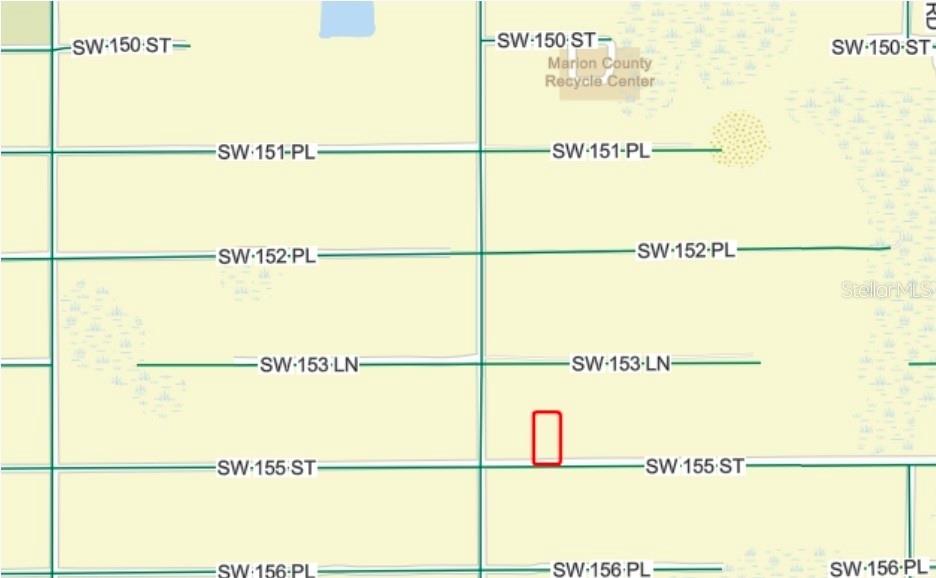 This map shows a rectangular property outlined in red located near SW 155th Street — SW 155TH STREET, DUNNELLON, FL
