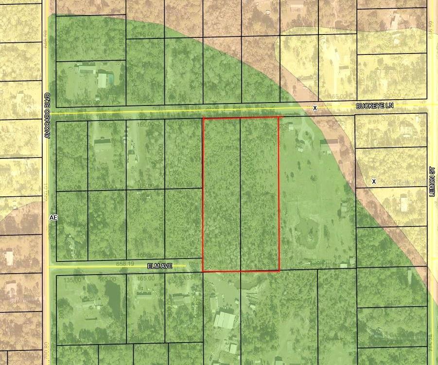 This is a map showing two adjacent rectangular parcels of land outlined in red — 5799 BUCKEYE LANE, BUNNELL, FL