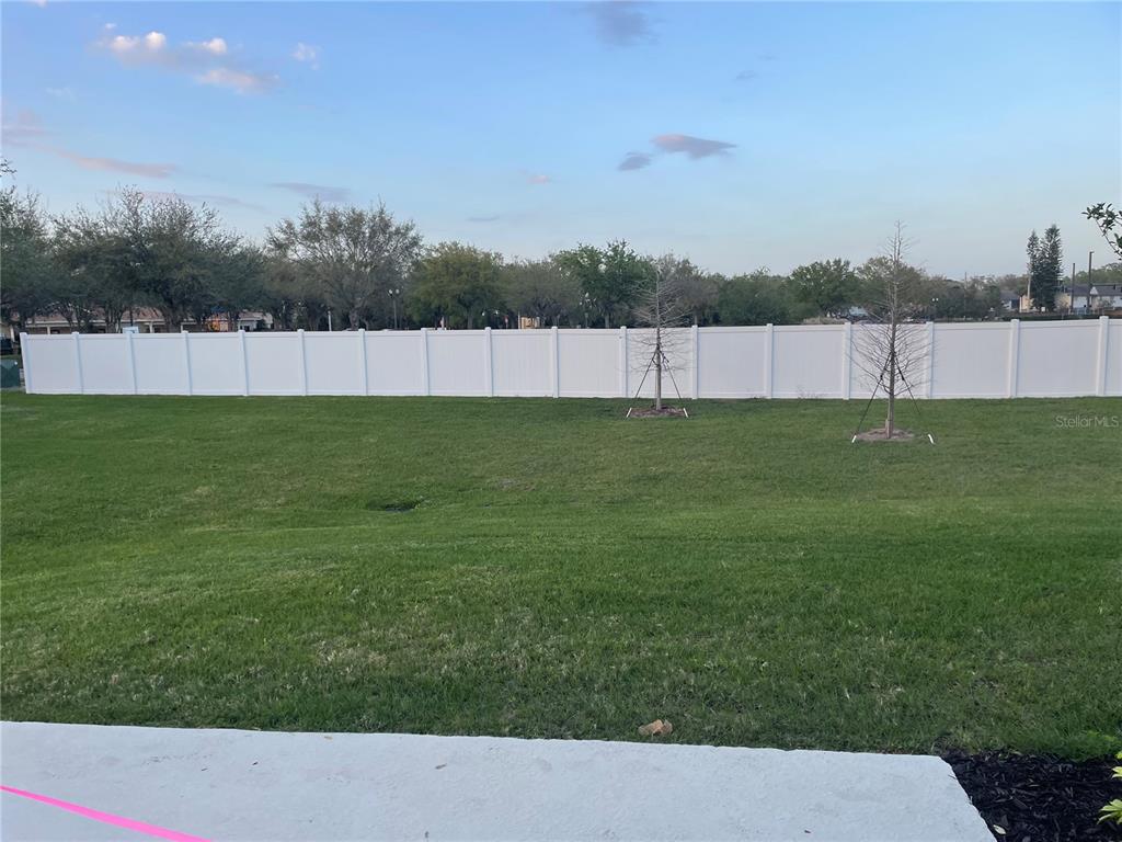A grassy backyard features a white vinyl privacy fence and two young trees — 4590 CALVARY WAY, ST CLOUD, FL