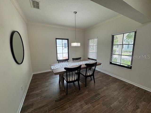 A dining room features a wooden table, four chairs, a pendant light, and tile flooring — 906 PAWSTAND ROAD, CELEBRATION, FL