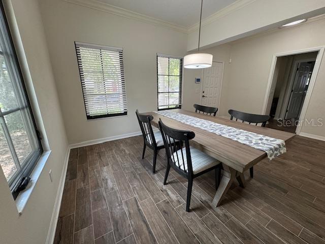 A dining room features a wooden table, black chairs, tile flooring, and two windows — 906 PAWSTAND ROAD, CELEBRATION, FL
