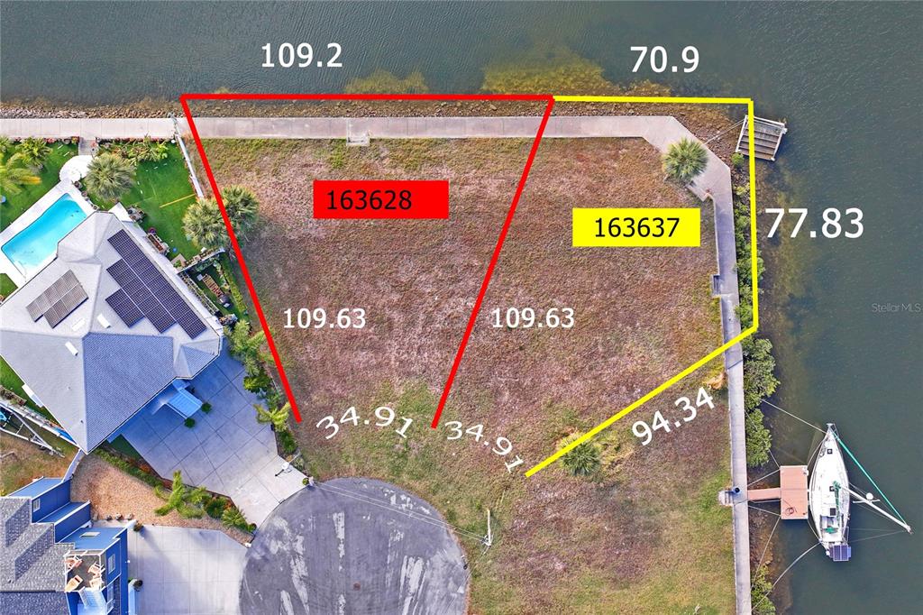 This is an aerial map showing two adjacent waterfront vacant lots with property dimensions — Lot 8 6TH ISLE, HERNANDO BEACH, FL