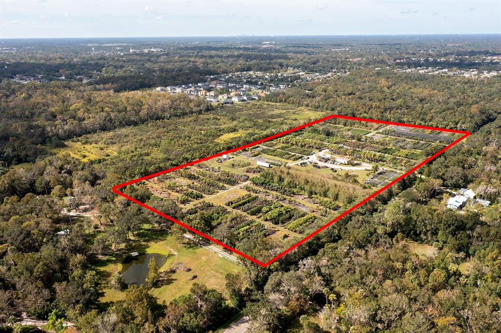An aerial view shows a large rectangular plant nursery surrounded by dense forest and trees — 850 FLORIDA AVENUE, OVIEDO, FL
