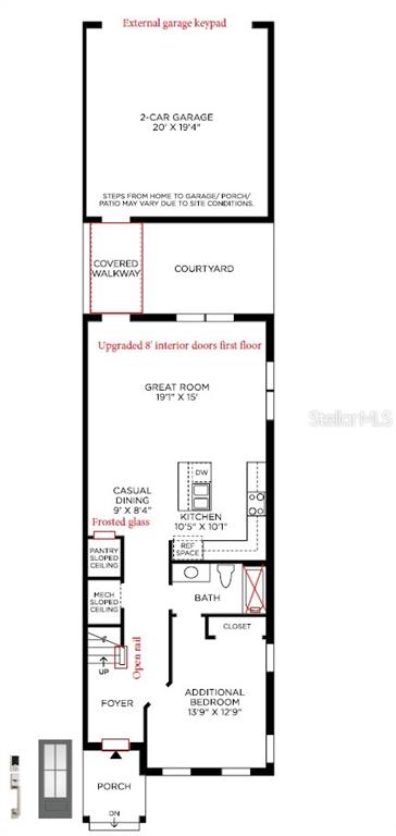 This is a floor plan of a home's first level featuring a garage and courtyard — 1815 PINECLIFF DRIVE, APOPKA, FL