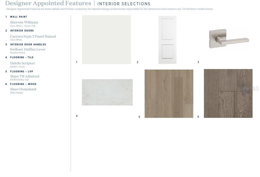 This image displays a selection board of interior finishes including paint, doors, hardware, and flooring — 1815 PINECLIFF DRIVE, APOPKA, FL