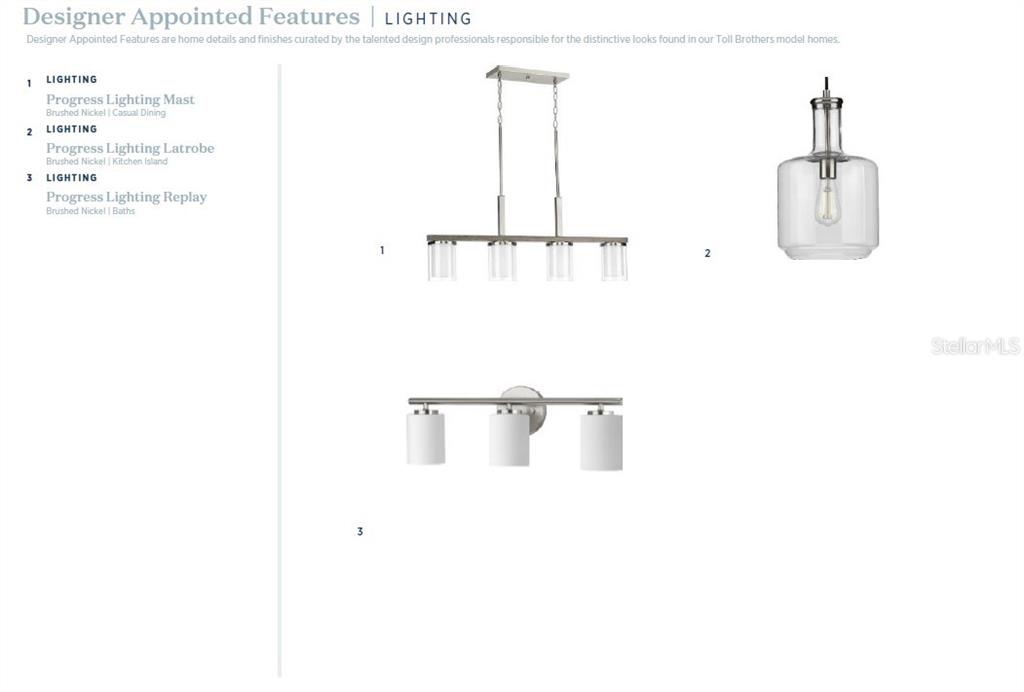 This image displays three Progress Lighting fixtures in brushed nickel for dining, kitchen, and baths — 1815 PINECLIFF DRIVE, APOPKA, FL