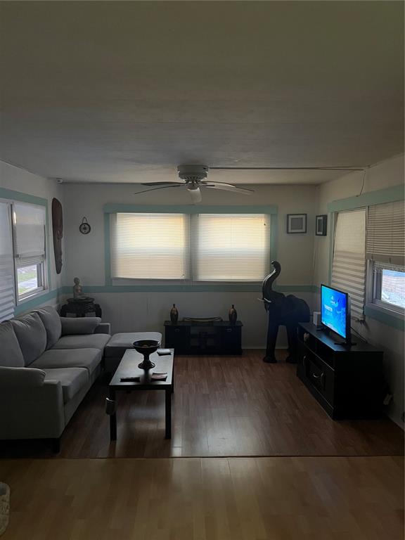 A living room features a gray sofa, a coffee table, a television, and wood flooring — 34188 CANAL DRIVE N, PINELLAS PARK, FL