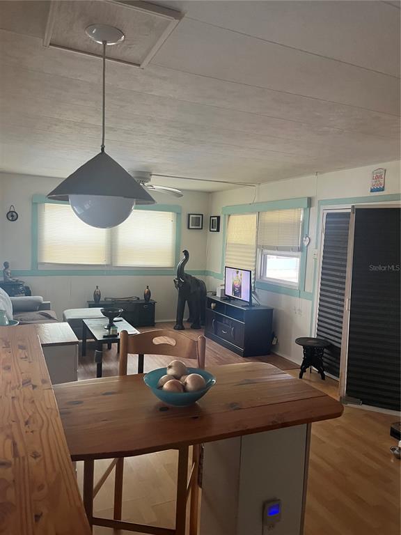 A dining area with a wooden table and pendant light overlooks a living room space — 34188 CANAL DRIVE N, PINELLAS PARK, FL