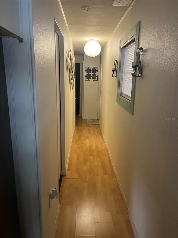 A narrow hallway with light wood-look flooring, a globe light fixture, and a framed window — 34188 CANAL DRIVE N, PINELLAS PARK, FL
