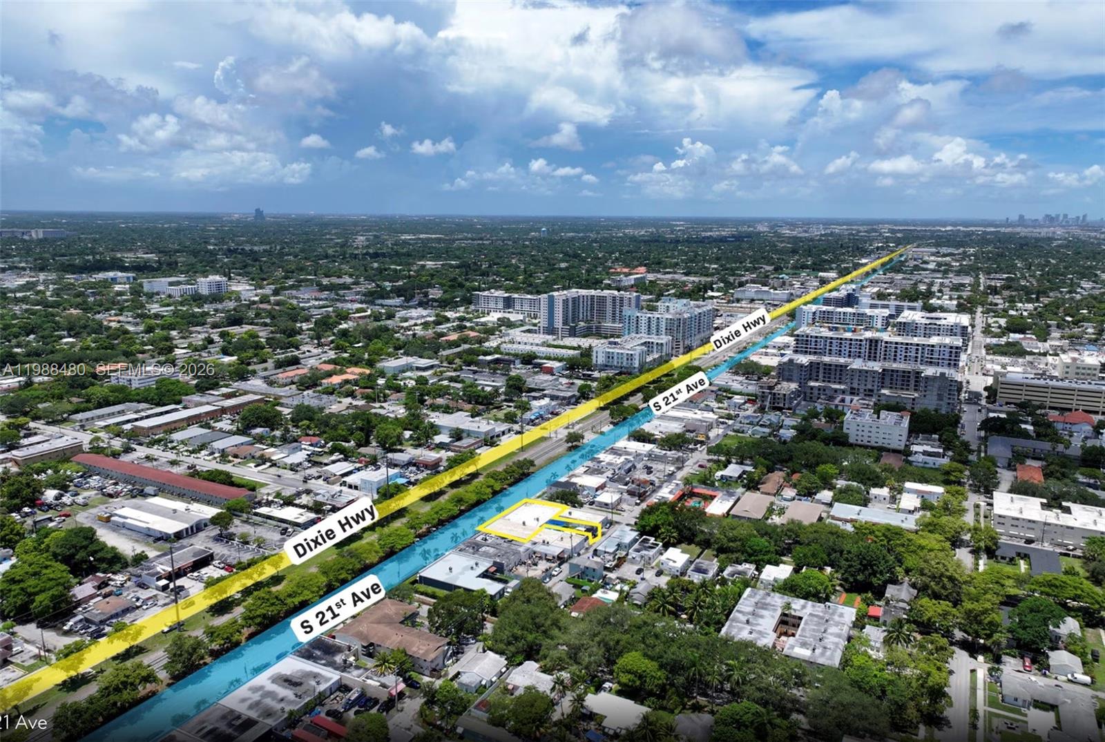 An aerial view shows a commercial building highlighted in yellow along a city street — 601 S 21st Ave, Hollywood FL 33020, HOLLYWOOD, FL