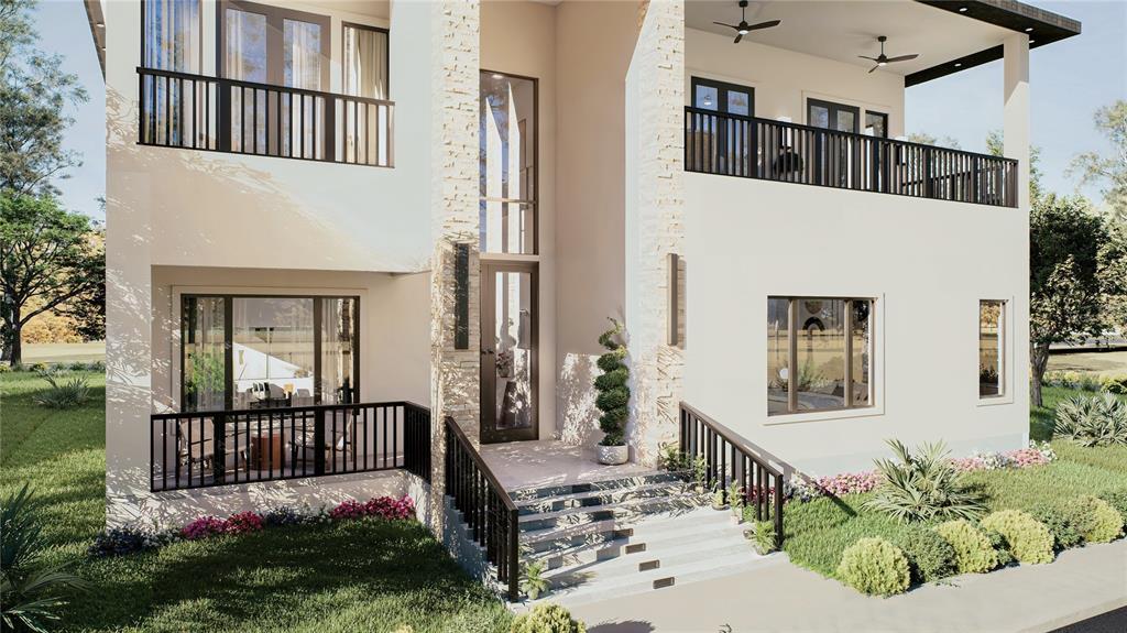 This is a rendering of a modern two-story house exterior with a stone-accented entryway — 1810 SE 21ST PLACE, OCALA, FL