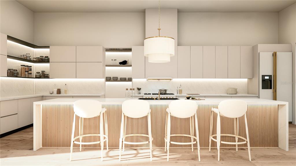 This rendering shows a modern kitchen with light wood cabinetry, a slatted island, and barstools — 1810 SE 21ST PLACE, OCALA, FL