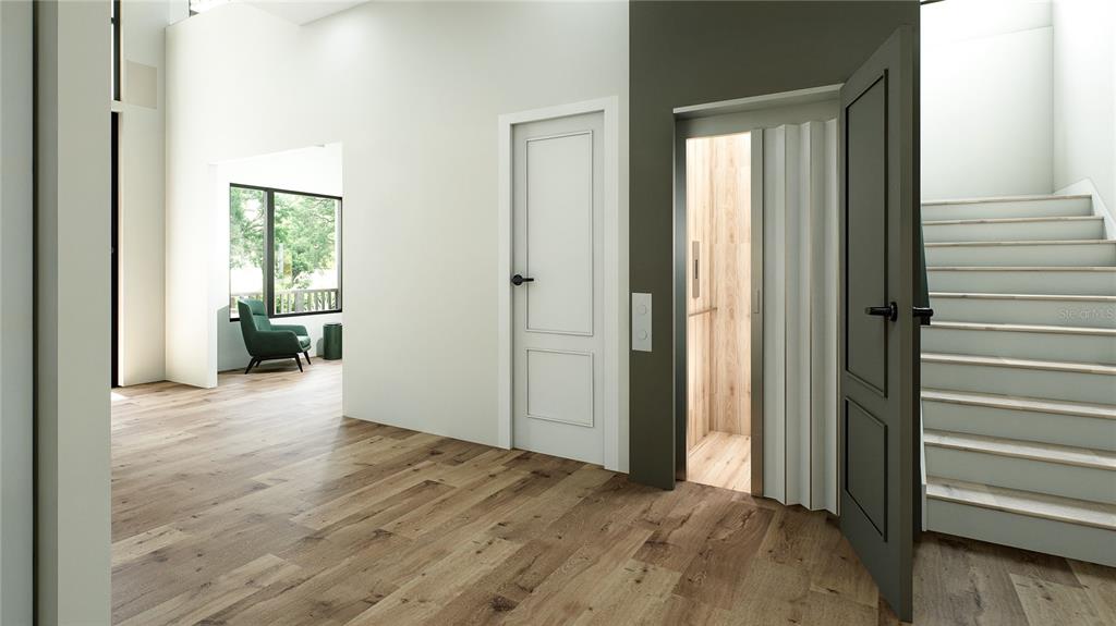 This rendering shows a modern interior with wood flooring, a home elevator, and a staircase — 1810 SE 21ST PLACE, OCALA, FL