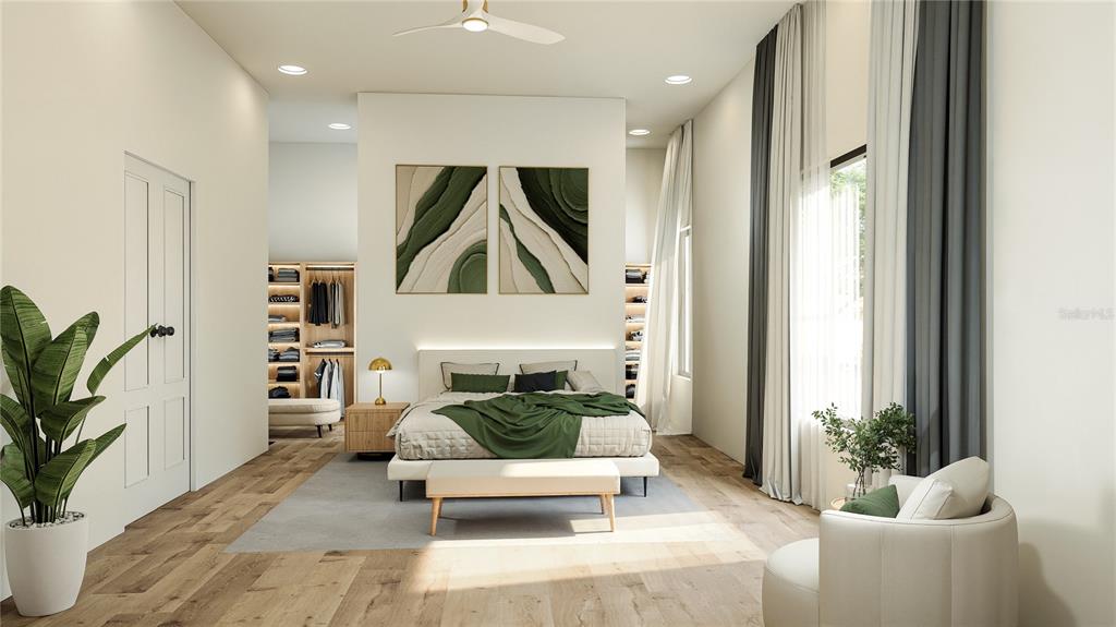 This rendering shows a modern bedroom with a central bed, walk-in closet, and tall windows — 1810 SE 21ST PLACE, OCALA, FL