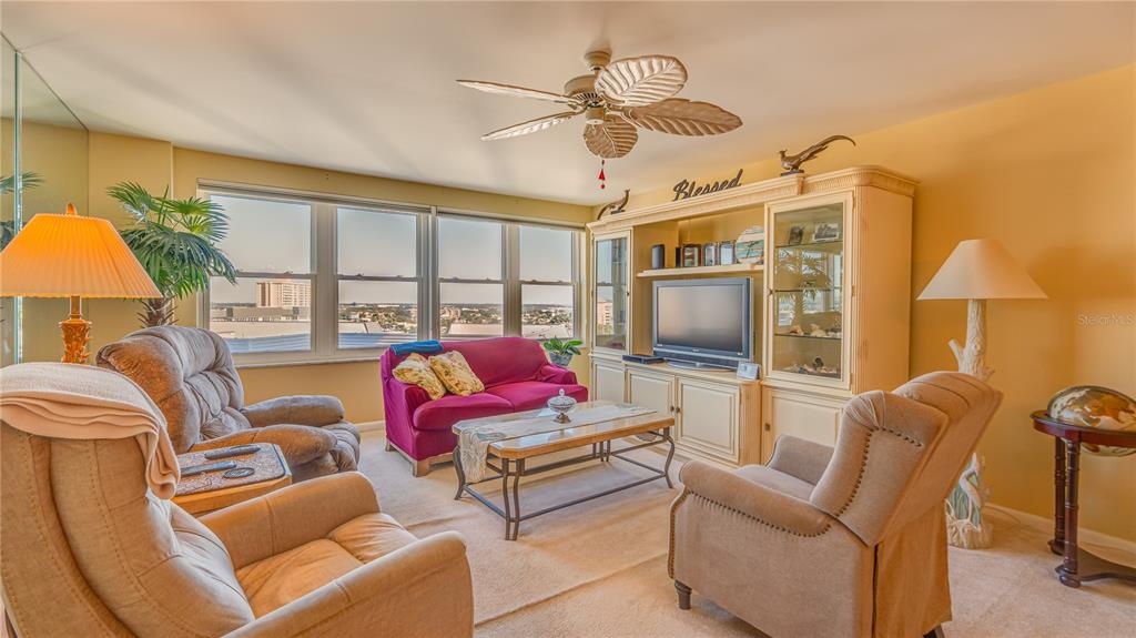 A living room features a magenta sofa, two armchairs, a television unit, and large windows — 5200 BRITTANY DRIVE S UNIT 1201, ST PETERSBURG, FL