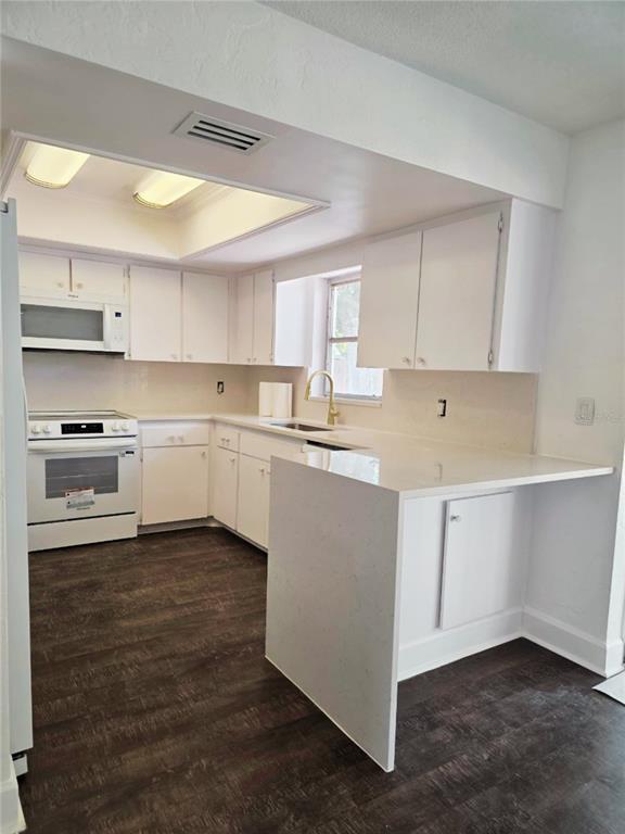 A kitchen features white cabinets, light countertops, a peninsula, and dark wood-look flooring — 5210 DR MARTIN LUTHER KING JR ST N STREET, ST PETERSBURG, FL