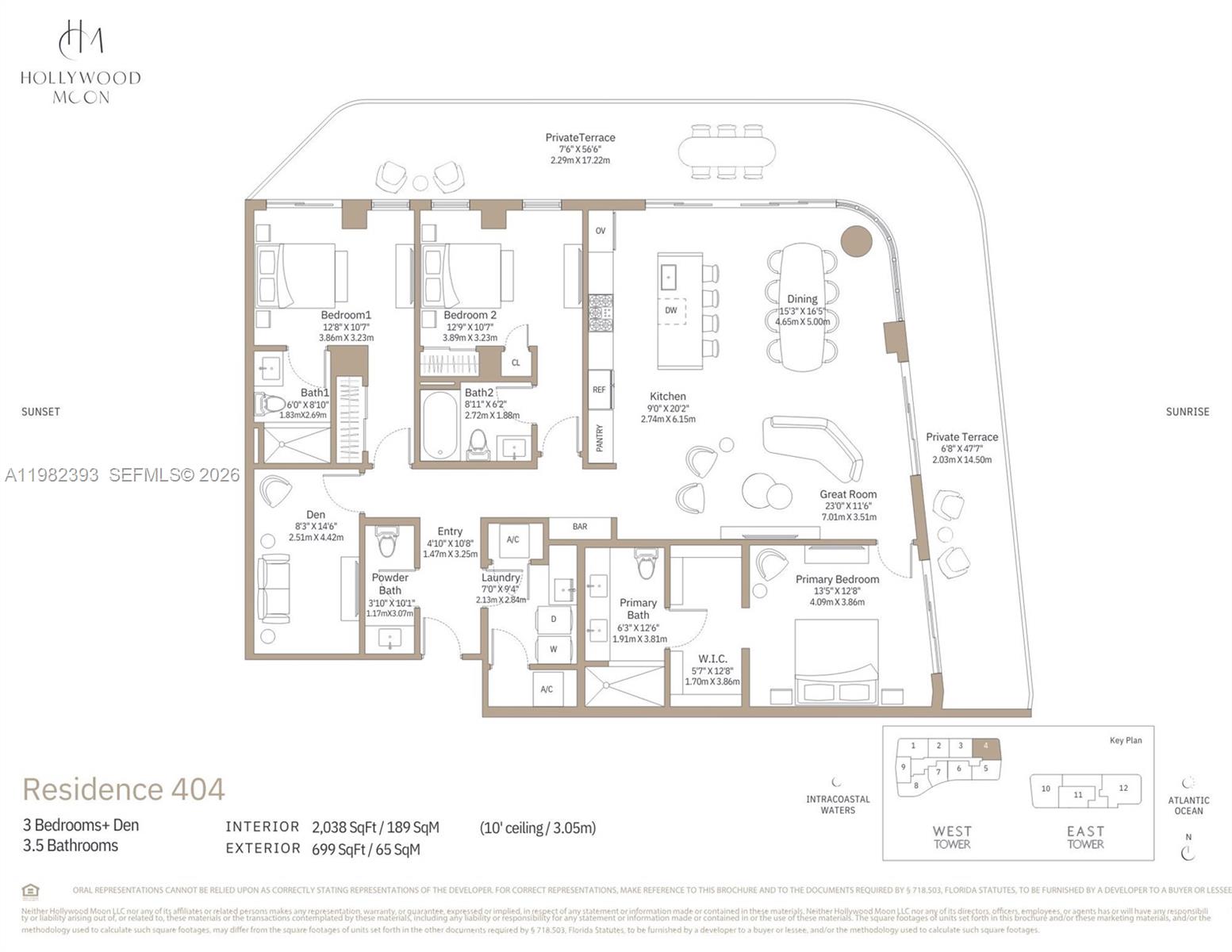 This floor plan shows a three-bedroom residence with a den, three-and-a-half bathrooms, and two terraces — 901 S Ocean Dr. # 404, Hollywood FL 33019, HOLLYWOOD, FL