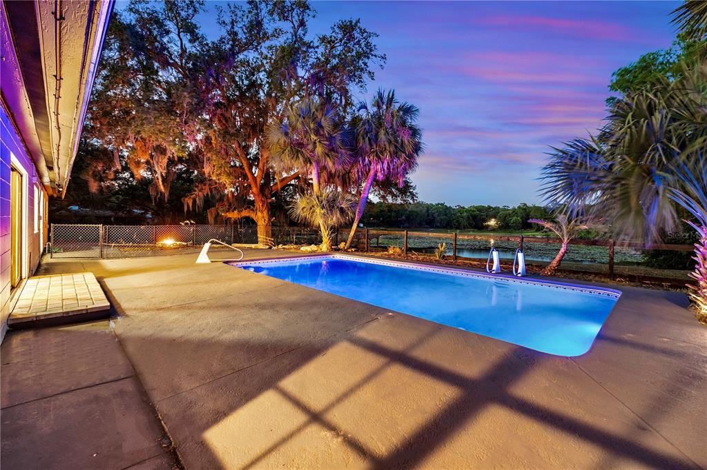 A backyard swimming pool sits on a concrete patio next to a house and trees — 36245 E SPRING LAKE BOULEVARD, FRUITLAND PARK, FL