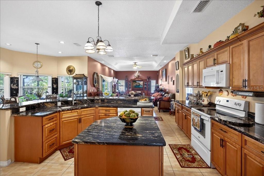 A kitchen with wood cabinets, dark granite countertops, and a central island — 52 UPSHIRE PATH, PALM COAST, FL
