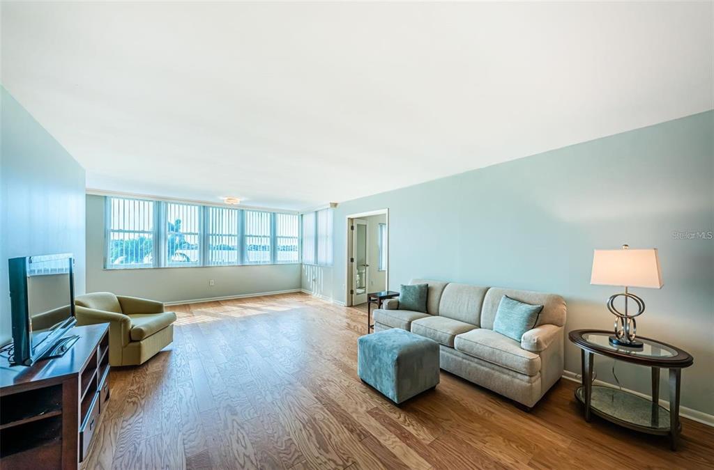 A living room features light blue walls, hardwood flooring, a beige sofa, and large windows — 5130 BRITTANY DRIVE S UNIT 202, ST PETERSBURG, FL