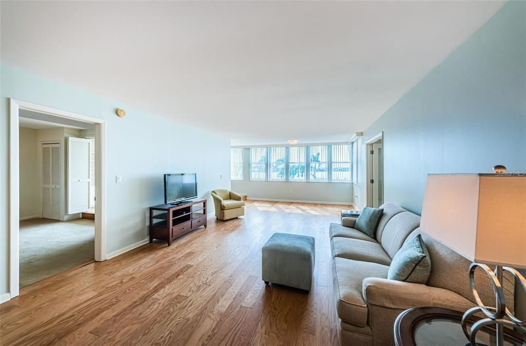 A living room features light blue walls, hardwood floors, a sofa, and large windows — 5130 BRITTANY DRIVE S UNIT 202, ST PETERSBURG, FL
