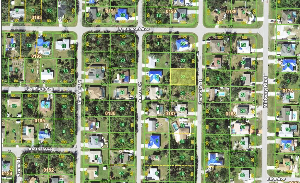 This is an aerial map showing residential lots, streets, and property boundaries in a neighborhood — 168 CAPATOLA STREET, PORT CHARLOTTE, FL