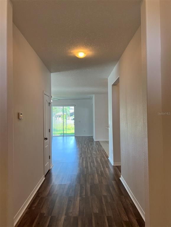 A hallway with wood-look flooring leads to a living area with a sliding glass door — 2735 CARRICKTON CIRCLE, ORLANDO, FL