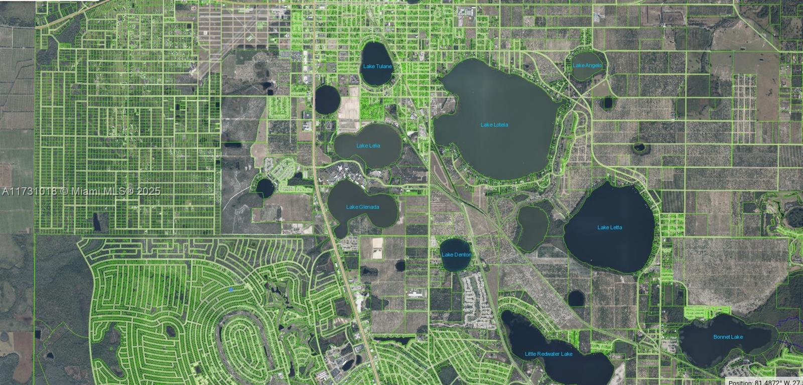 This is an aerial map showing lakes and land parcels in a residential area — 6456 Cotorro Drive, Sebring FL 33872, SEBRING, FL
