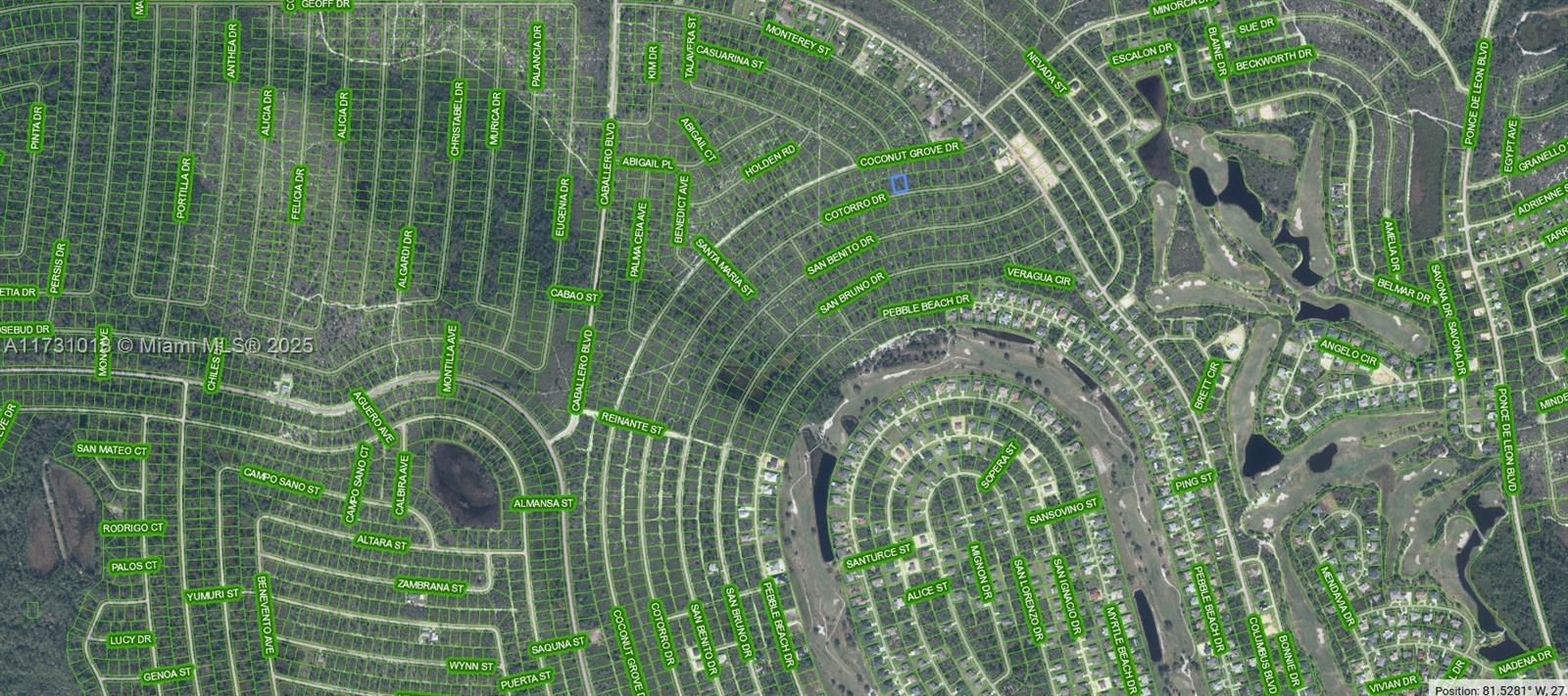 This is an aerial map showing a residential neighborhood with streets and houses — 6456 Cotorro Drive, Sebring FL 33872, SEBRING, FL