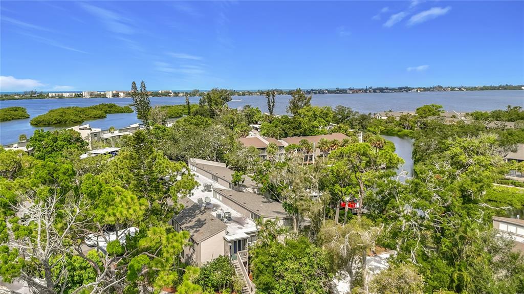 An aerial view shows multi-story residential buildings nestled among dense trees near a large bay — 1601 PELICAN POINT DRIVE UNIT 215, SARASOTA, FL