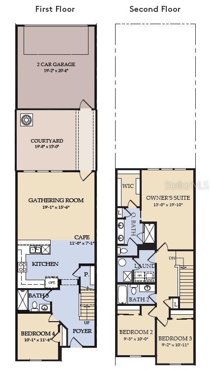 This floor plan shows a two-story home with a garage, courtyard, and four bedrooms — 6373 ARGENT WOOD DRIVE, WINTER GARDEN, FL