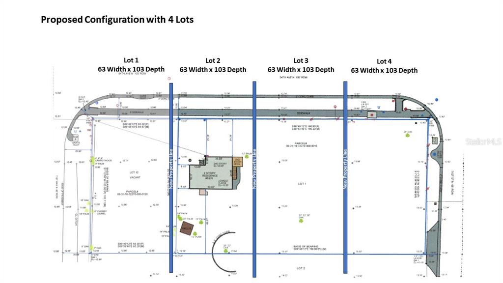 This is a site plan rendering showing a proposed configuration of four residential lots — 5370 71ST STREET N, ST PETERSBURG, FL