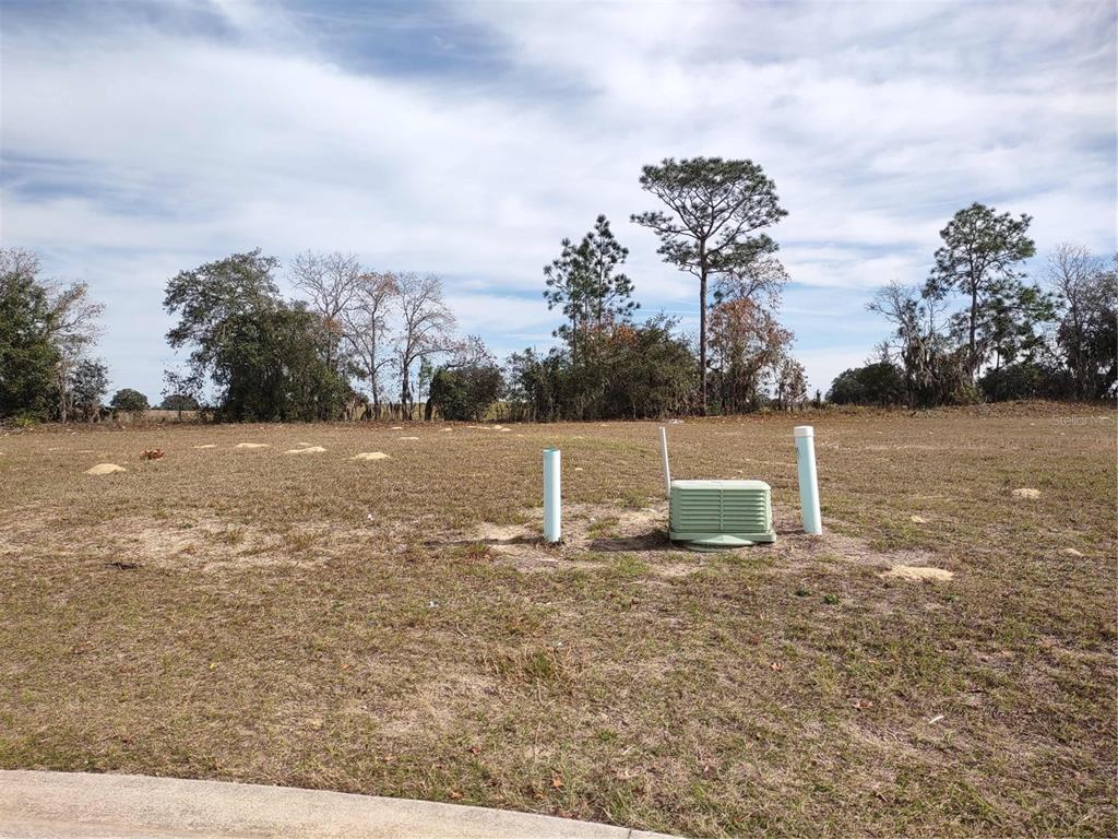 A vacant, grassy lot features utility hookups and a green electrical box under a cloudy sky — 6400 SW 180 CIRCLE Lot 29, DUNNELLON, FL