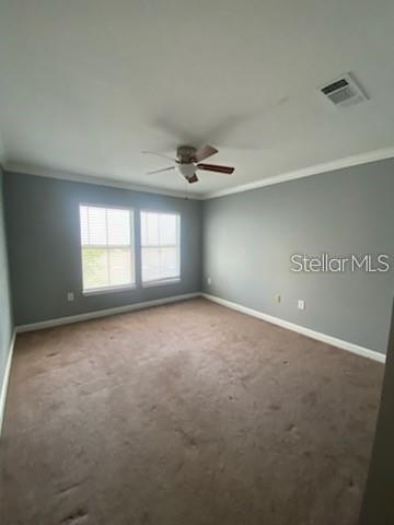 An empty bedroom with gray walls, brown carpet, a ceiling fan, and two windows — 18489 BRIDLE CLUB DRIVE UNIT 184k, TAMPA, FL