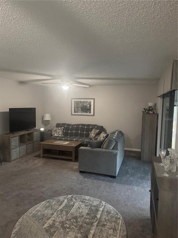 A living room features gray carpeting, a ceiling fan, a sectional sofa, and a television — 737 MIDWAY DRIVE UNIT B, OCALA, FL