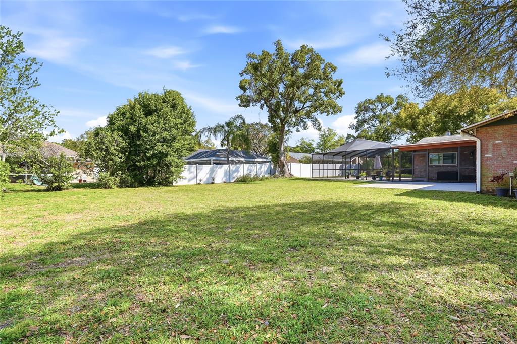 A grassy backyard features a large tree, a white fence, and a screened-in patio area — 2817 FLEEMAN ROAD, PALM HARBOR, FL