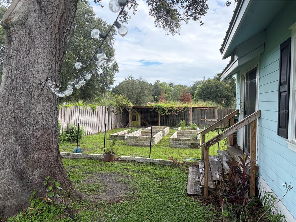 A backyard features a large tree, raised garden beds, a chicken coop, and wooden stairs — 4613 KEENE ROAD, PLANT CITY, FL