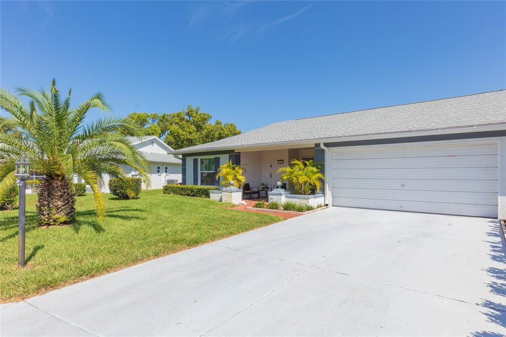A single-story house with a white garage, a concrete driveway, and a palm tree — 8423 PEBBLE DRIVE, PORT RICHEY, FL